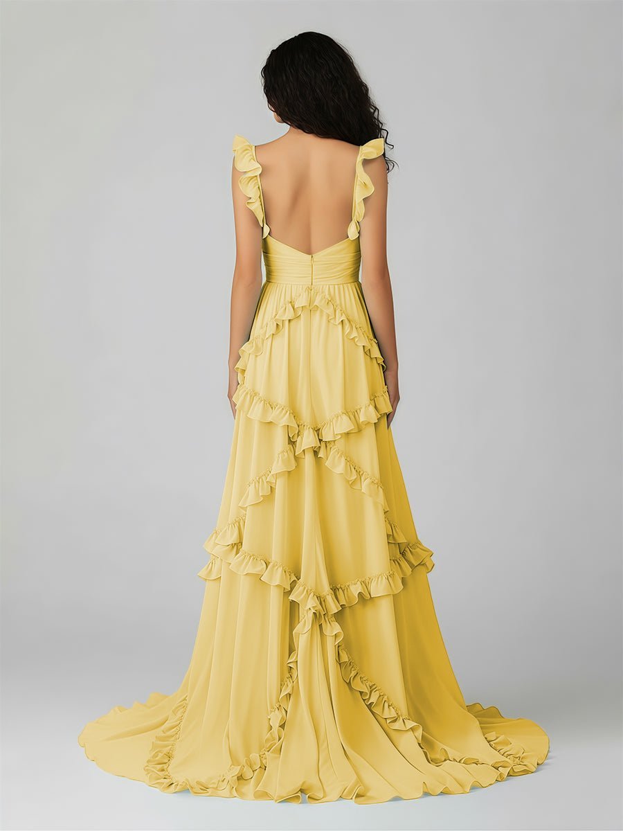 A-Line Straps Sky Blue Chiffon Ruffles Long Formal Prom Gown