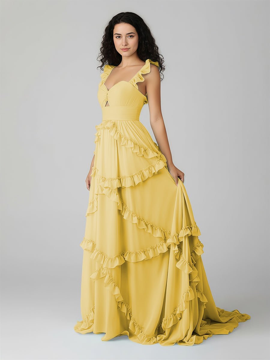 A-Line Straps Sky Blue Chiffon Ruffles Long Formal Prom Gown