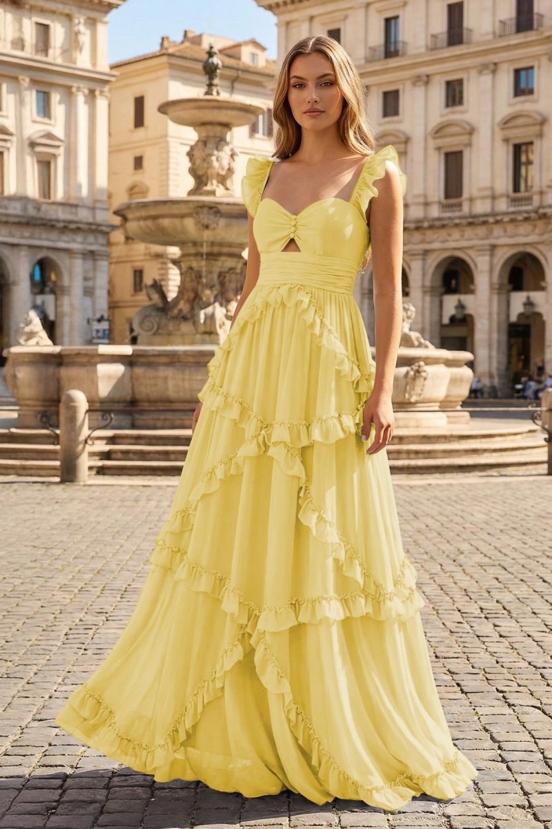 A-Line Straps Sky Blue Chiffon Ruffles Long Formal Prom Gown
