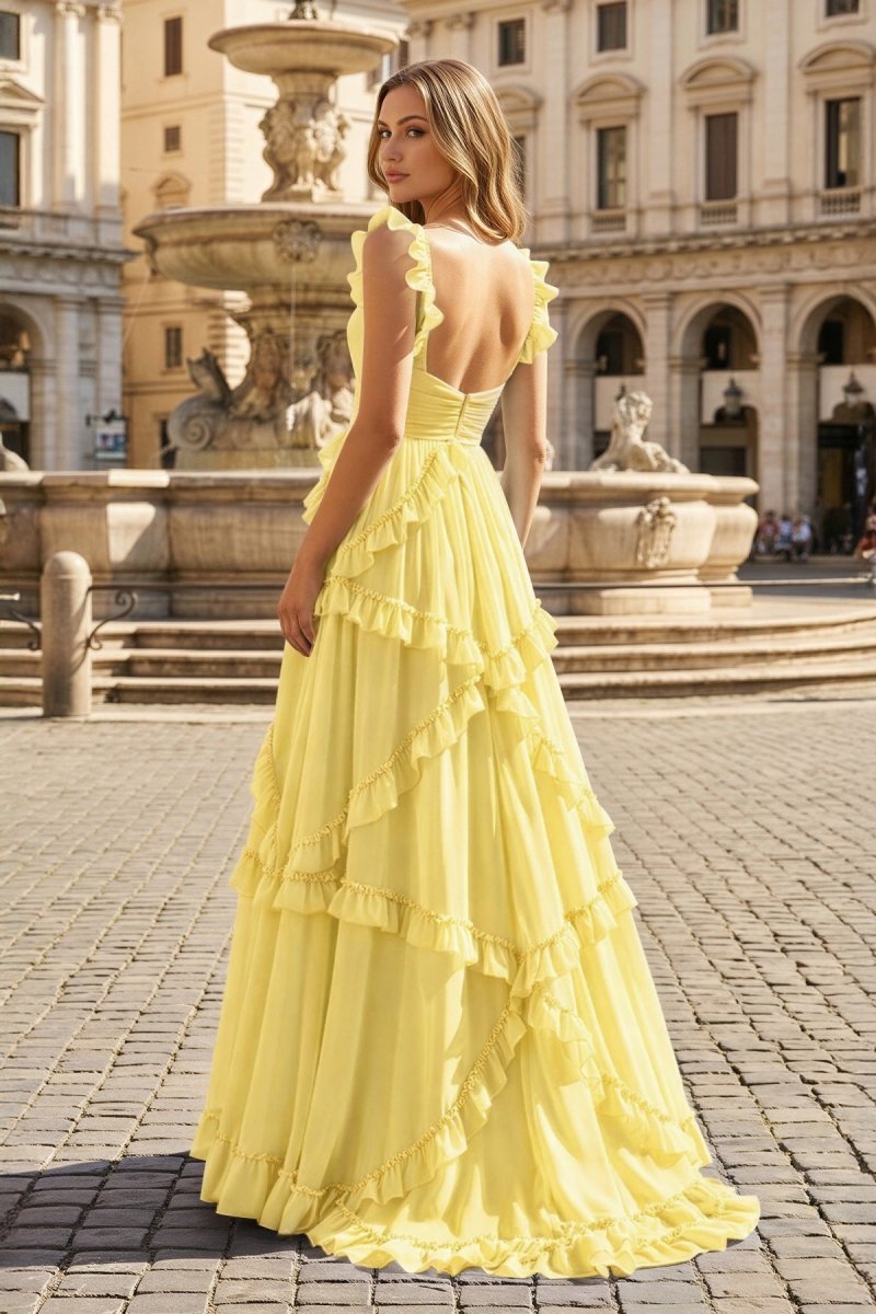 A-Line Straps Sky Blue Chiffon Ruffles Long Formal Prom Gown