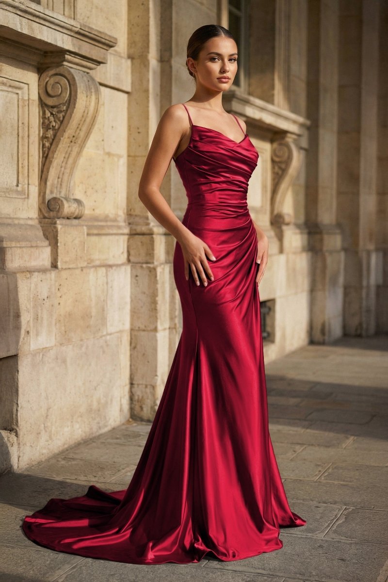 Thisbe Burgundy front view prom dress