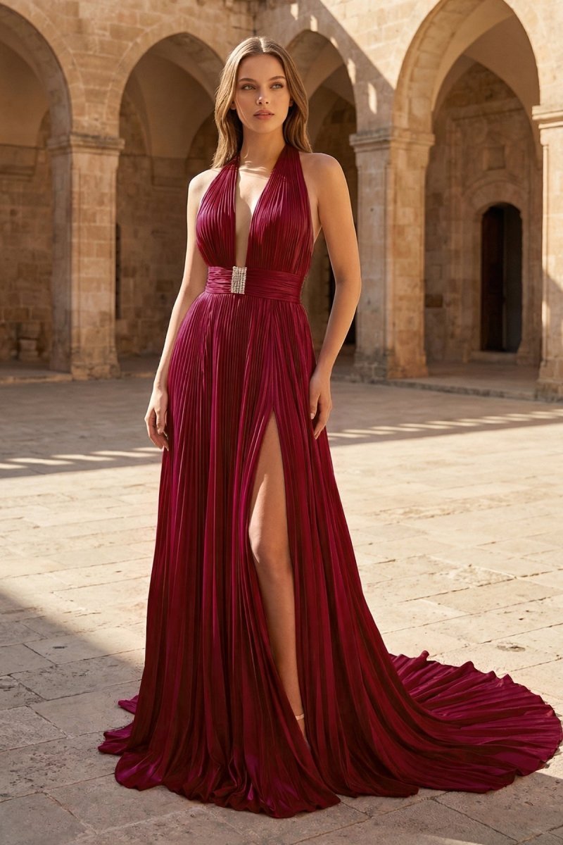 Celia Burgundy front view prom dress