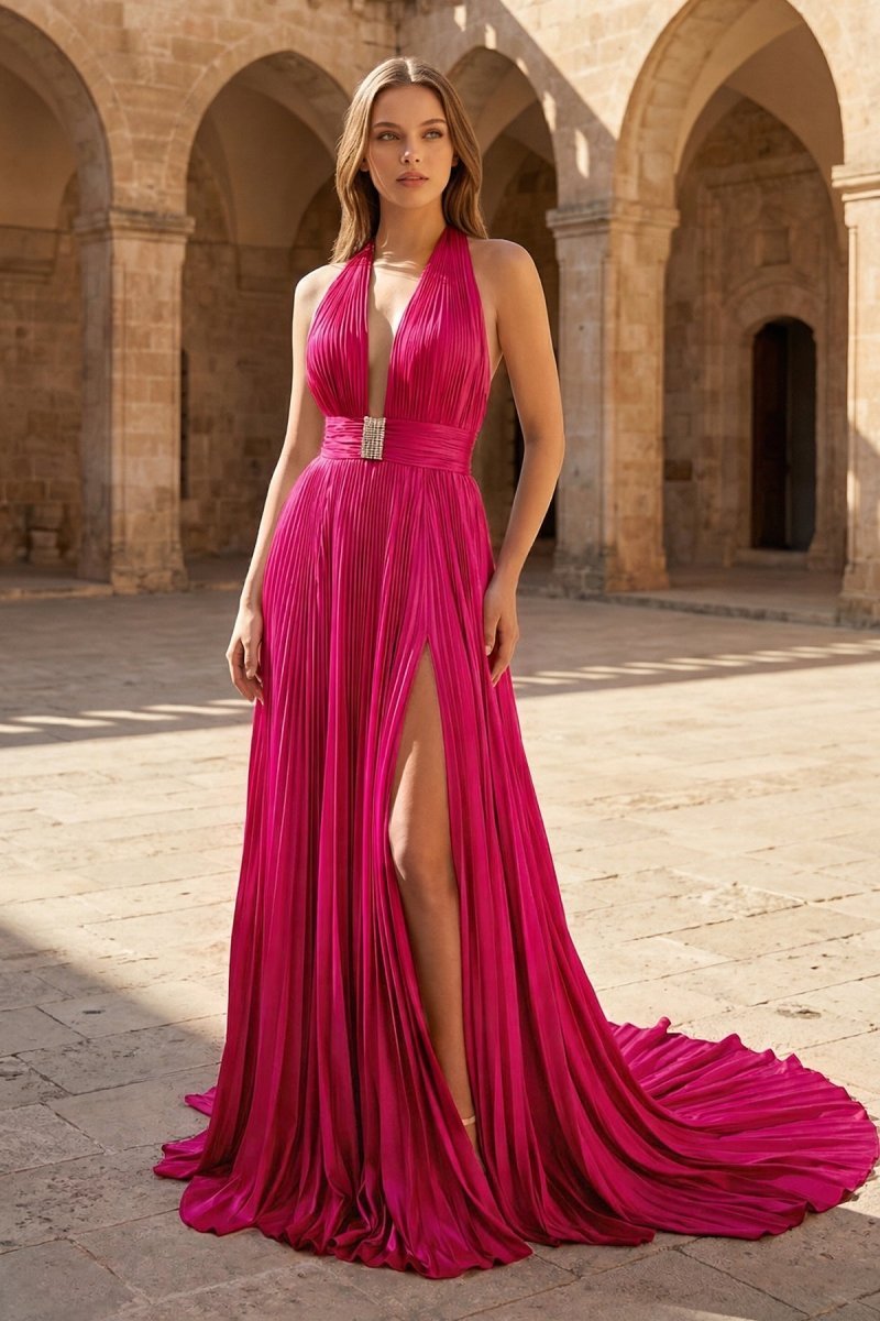 Celia Fuchsia front view prom dress