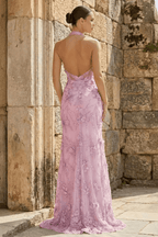 Sage Green Tulle Sheath Evening Dress with Halter Neckline and Sequins