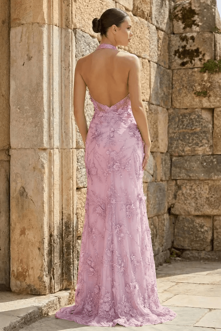Sage Green Tulle Sheath Evening Dress with Halter Neckline and Sequins