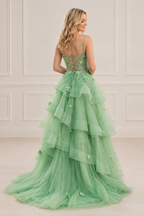 Althea Sage Green ball gown prom dress back view with lace-up back