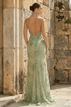 Sage Green Tulle Sheath Evening Dress with Halter Neckline and Sequins