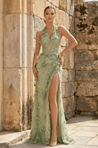 Sage Green Tulle Sheath Evening Dress with Halter Neckline and Sequins
