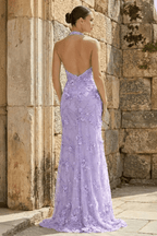 Sage Green Tulle Sheath Evening Dress with Halter Neckline and Sequins