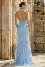 Sage Green Tulle Sheath Evening Dress with Halter Neckline and Sequins