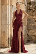 Sage Green Tulle Sheath Evening Dress with Halter Neckline and Sequins