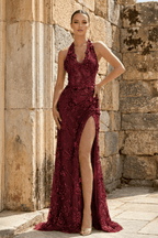 Sage Green Tulle Sheath Evening Dress with Halter Neckline and Sequins