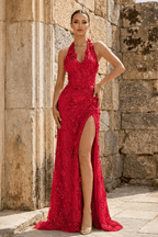 Dahlia Red front view evening dress