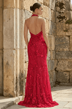 Sage Green Tulle Sheath Evening Dress with Halter Neckline and Sequins