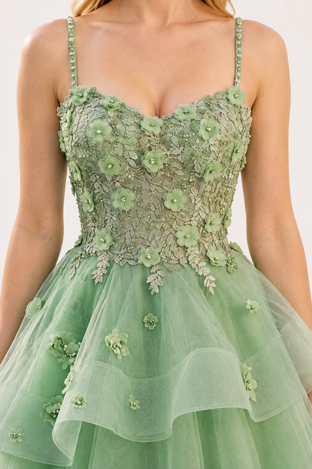 Althea Sage Green sweetheart bodice lace appliques detail