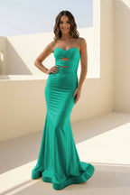 Yellow Sweetheart Mermaid Satin Long Formal Prom Gown With Cutout