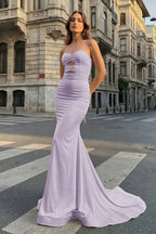 Yellow Sweetheart Mermaid Satin Long Formal Prom Gown With Cutout