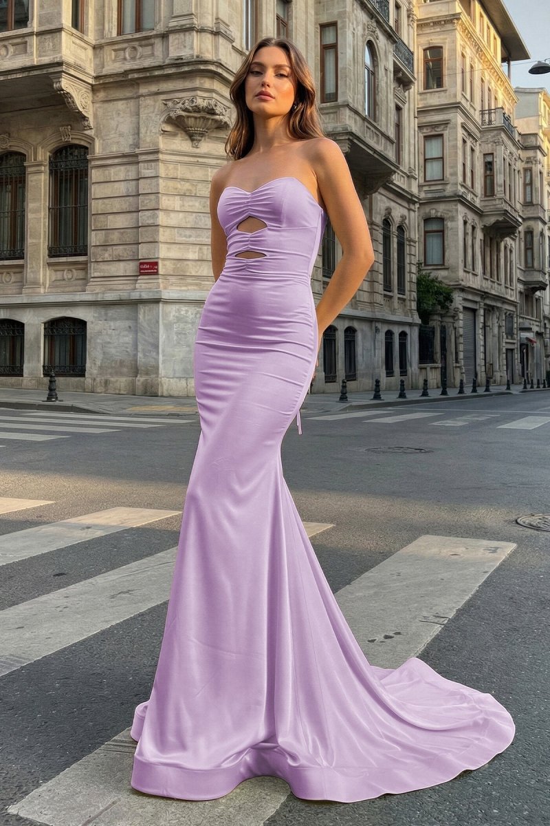 Yellow Sweetheart Mermaid Satin Long Formal Prom Gown With Cutout