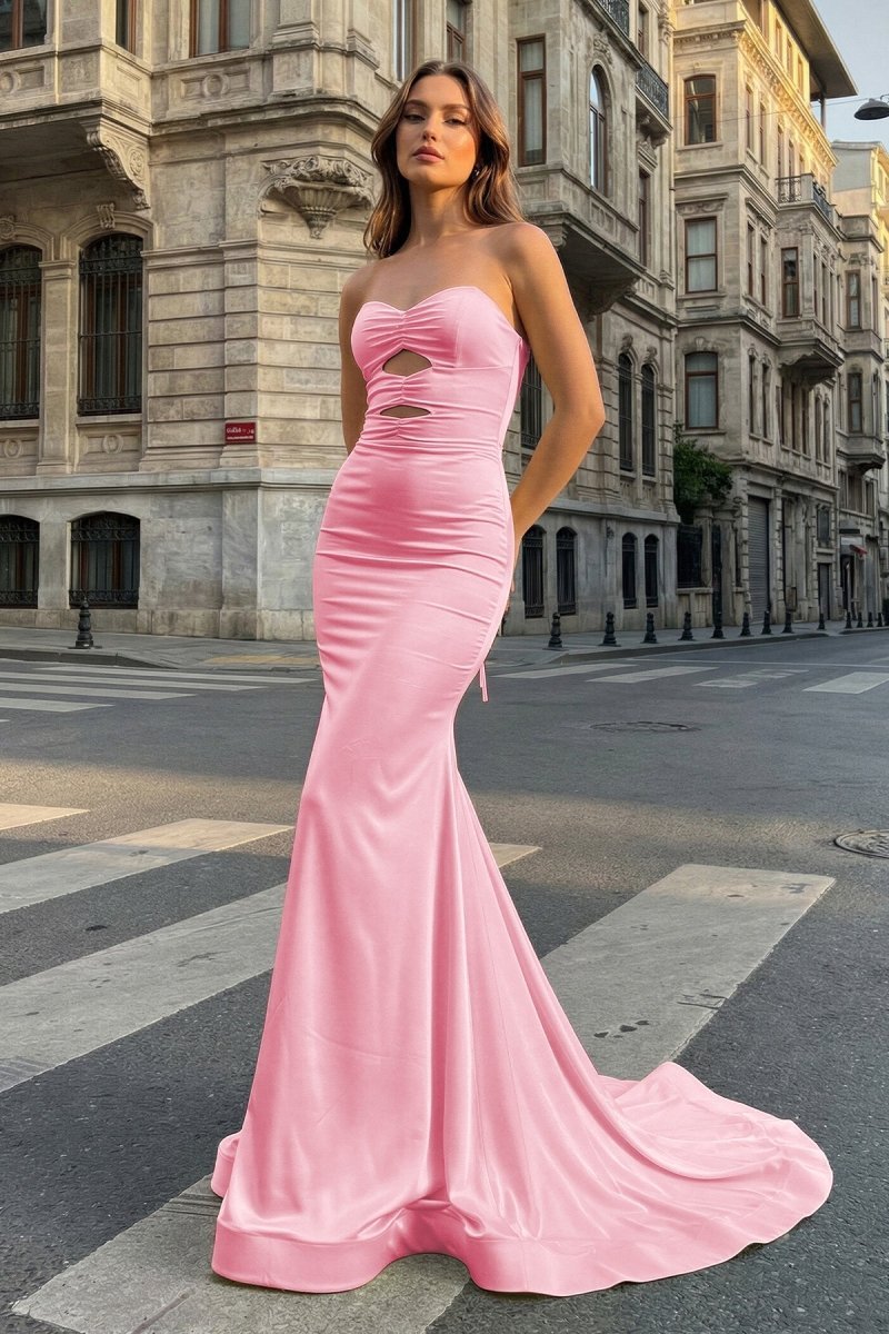 Yellow Sweetheart Mermaid Satin Long Formal Prom Gown With Cutout