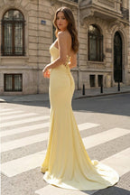 Yellow Sweetheart Mermaid Satin Long Formal Prom Gown With Cutout
