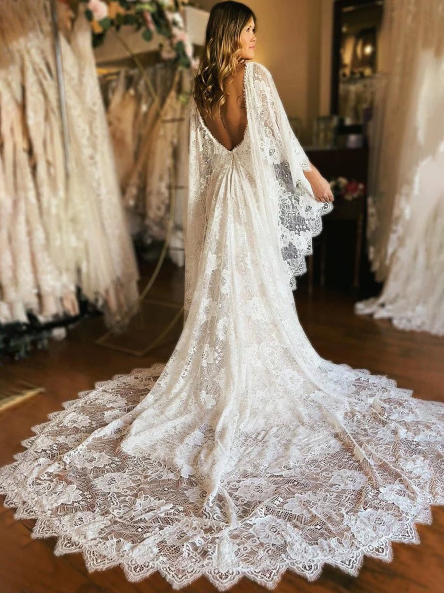White Lace Mermaid Wedding Dress with V-Neck Neckline and Appliques