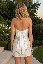 Ivory Sweetheart Floral Sheath Satin Homecoming Dress with Back Bow