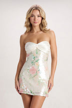 Ivory Sweetheart Floral Sheath Satin Homecoming Dress with Back Bow
