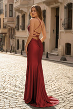 Gold Satin Mermaid Evening Dress with V-Neck Neckline and Slit