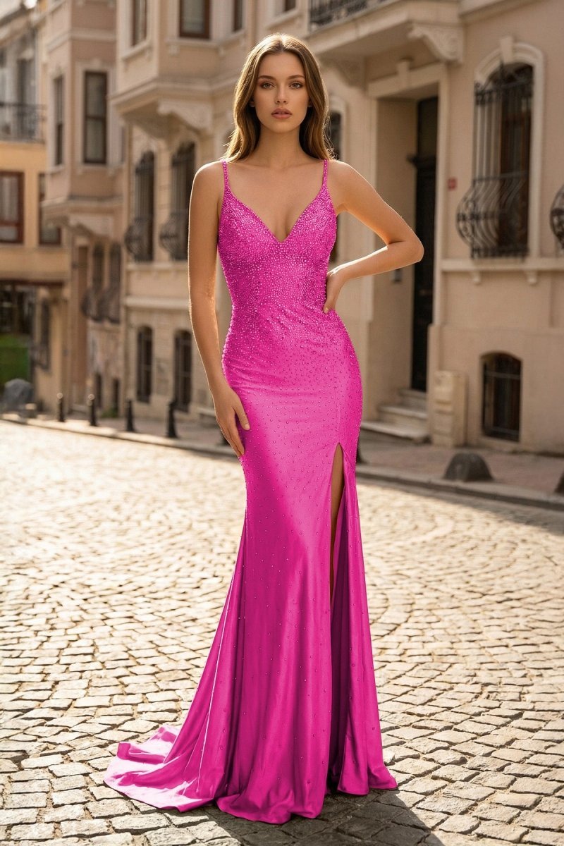 Gold Satin Mermaid Evening Dress with V-Neck Neckline and Slit