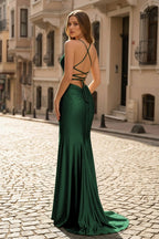 Gold Satin Mermaid Evening Dress with V-Neck Neckline and Slit