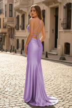 Gold Satin Mermaid Evening Dress with V-Neck Neckline and Slit