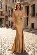 Gold Satin Mermaid Evening Dress with V-Neck Neckline and Slit