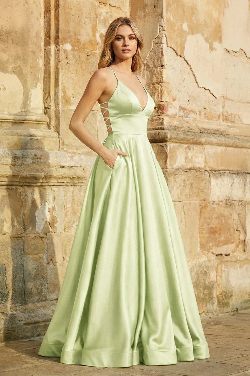 Clarisse Louise Sage Green front view prom dress