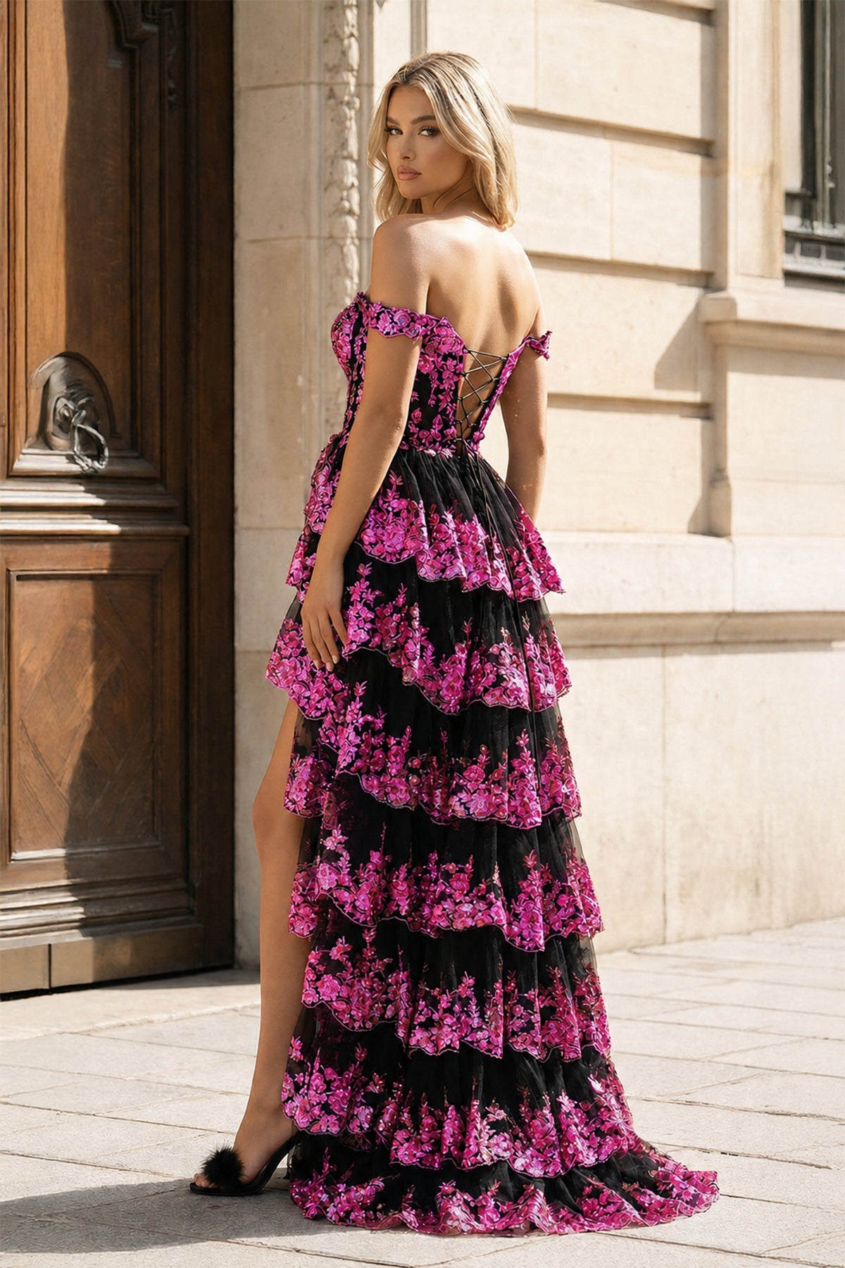 Gold Off the Shoulder Sequin Long Formal Prom Gown with Slit