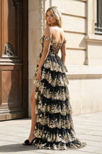 Gold Off the Shoulder Sequin Long Formal Prom Gown with Slit