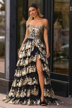 Gold Off the Shoulder Sequin Long Formal Prom Gown with Slit