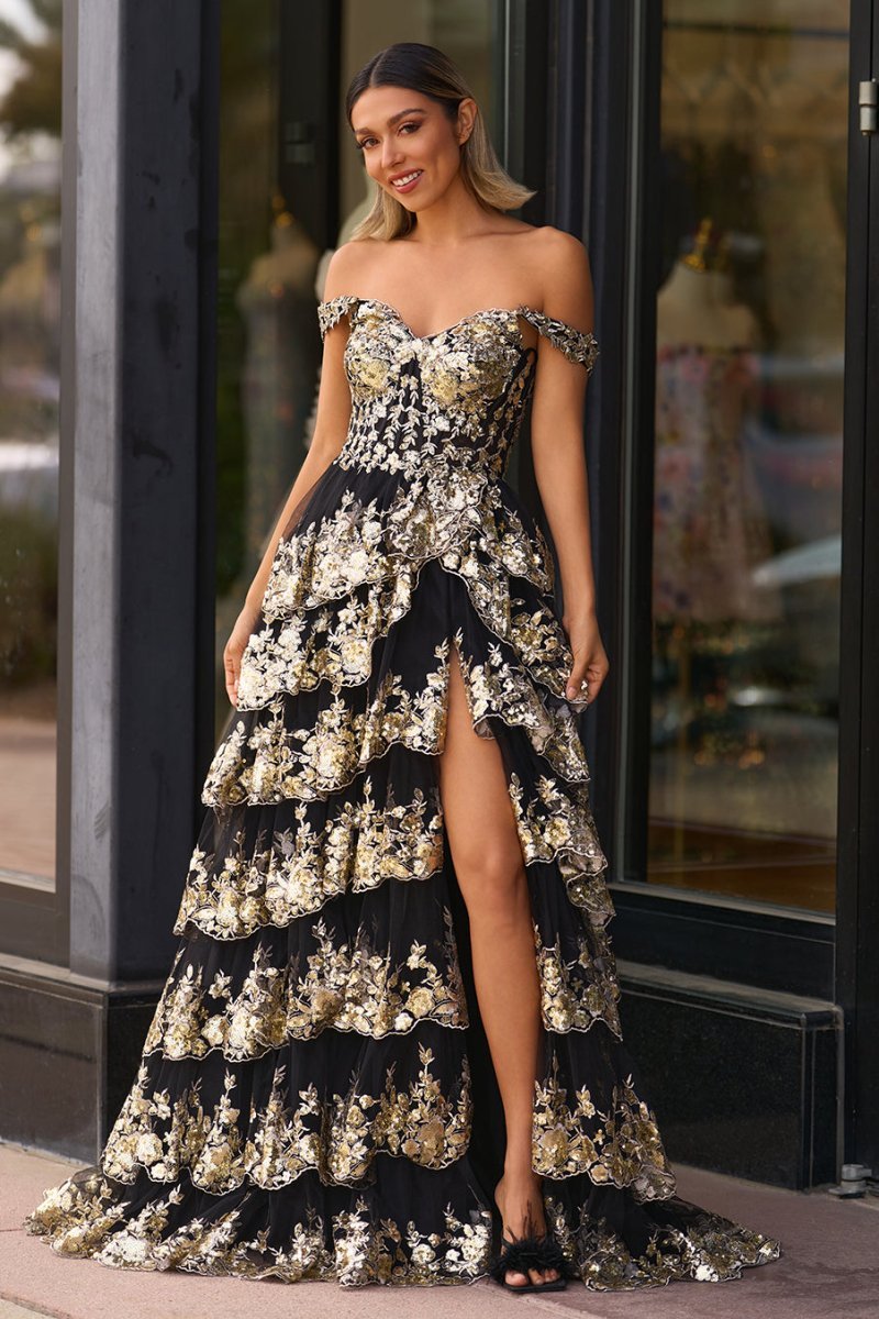 Gold Off the Shoulder Sequin Long Formal Prom Gown with Slit