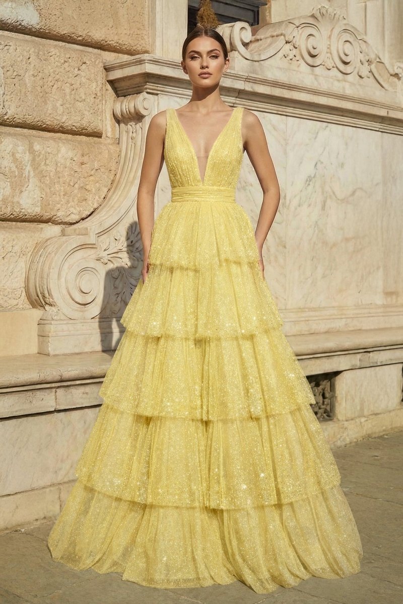 Dahlia June Yellow front view prom dress