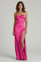 Yellow Satin Sheath Evening Dress with Sweetheart Neckline and Slit