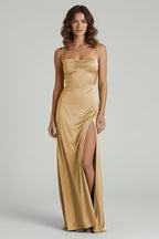 Yellow Satin Sheath Evening Dress with Sweetheart Neckline and Slit