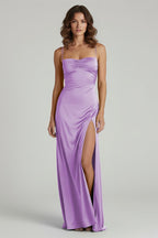 Yellow Satin Sheath Evening Dress with Sweetheart Neckline and Slit