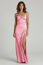 Yellow Satin Sheath Evening Dress with Sweetheart Neckline and Slit