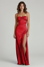 Yellow Satin Sheath Evening Dress with Sweetheart Neckline and Slit