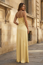 Yellow Satin Sheath Evening Dress with Sweetheart Neckline and Slit