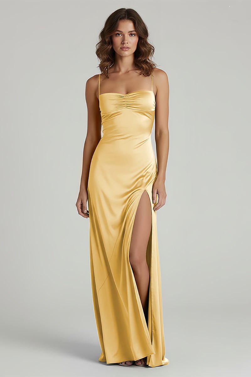 Yellow Satin Sheath Evening Dress with Sweetheart Neckline and Slit