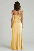 Yellow Satin Sheath Evening Dress with Sweetheart Neckline and Slit