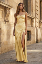Yellow Satin Sheath Evening Dress with Sweetheart Neckline and Slit