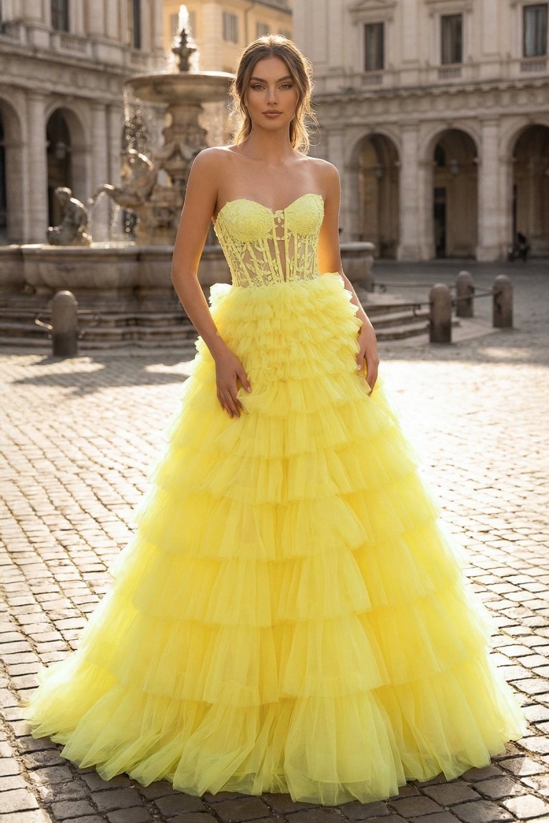 Nerissa Bloom Yellow front view prom dress