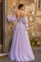 Lavender A-Line Strapless Tulle Formal Prom Gown with 3D Flowers