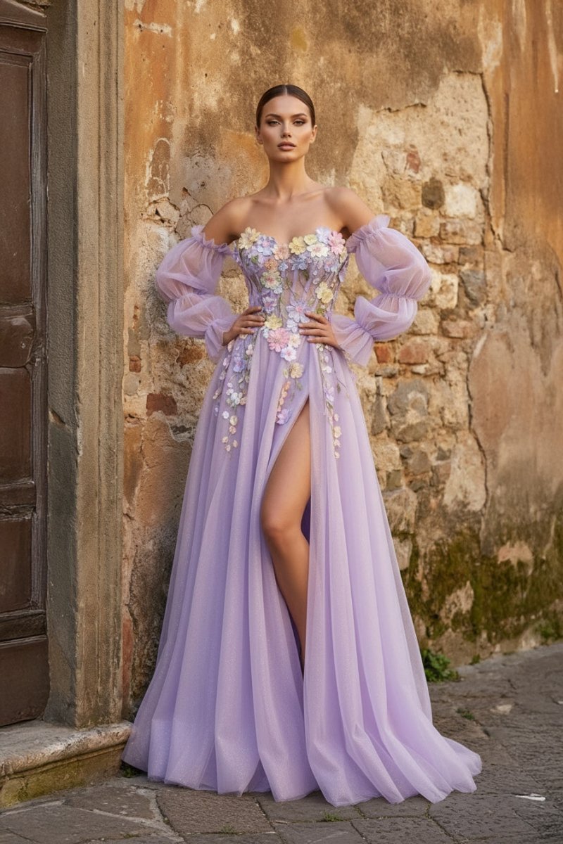 Lavender A-Line Strapless Tulle Formal Prom Gown with 3D Flowers